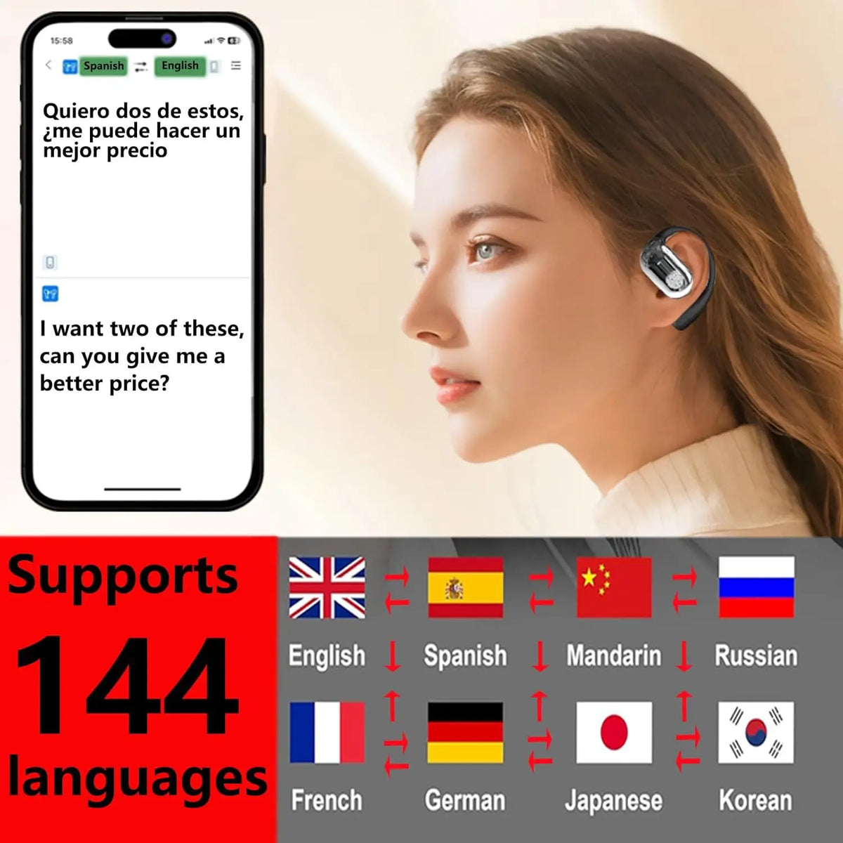 Auriculares inalámbricos UYUXIO AI con traducción de idiomas con 144 idiomas, traductor en tiempo Real, auriculares BT 5,4 para negocios