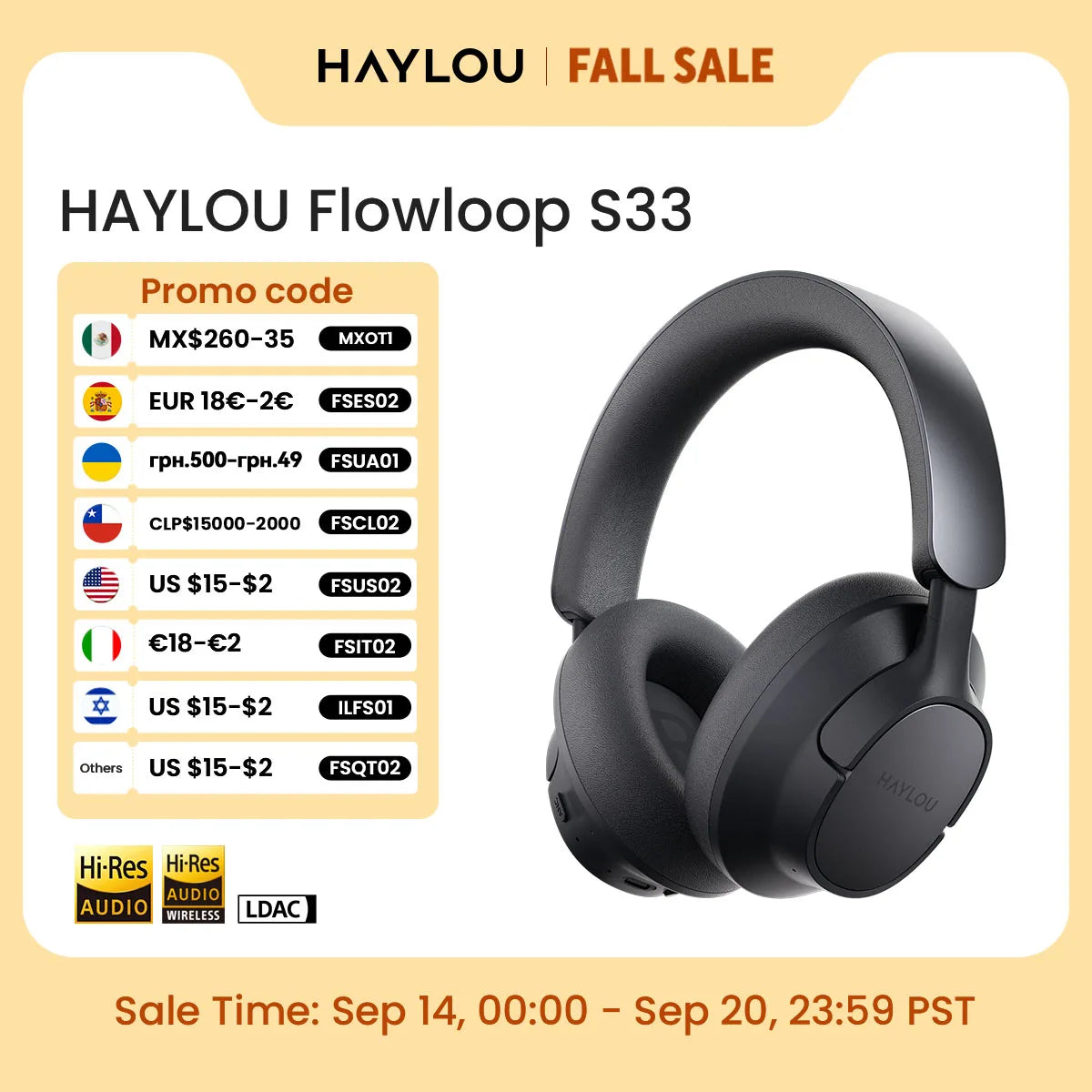 Auriculares Inalámbricos HAYLOU FlowLoop S33, Auriculares Bluetooth con Cancelación Activa de Ruido de 45 dB, Hi-Res LDAC, 100 Horas de Reproducción