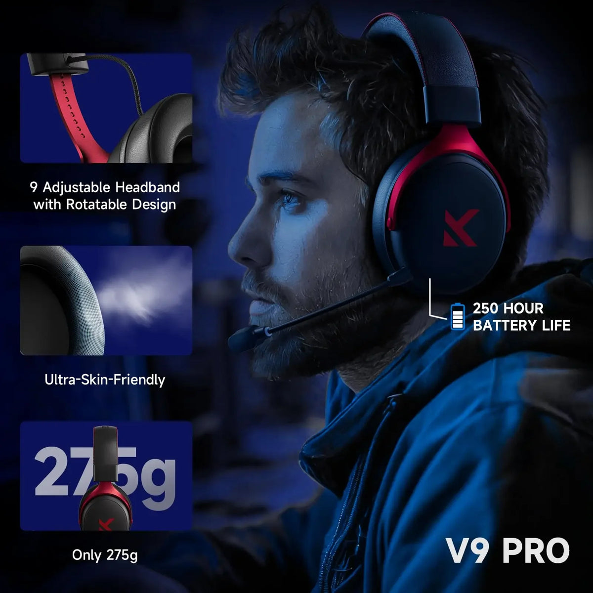 MCHOSE V9 Pro-auriculares inalámbricos para videojuegos, cascos con sonido envolvente, micrófono con cancelación de ruido, baja latencia, ligeros para interruptor de PC PS5
