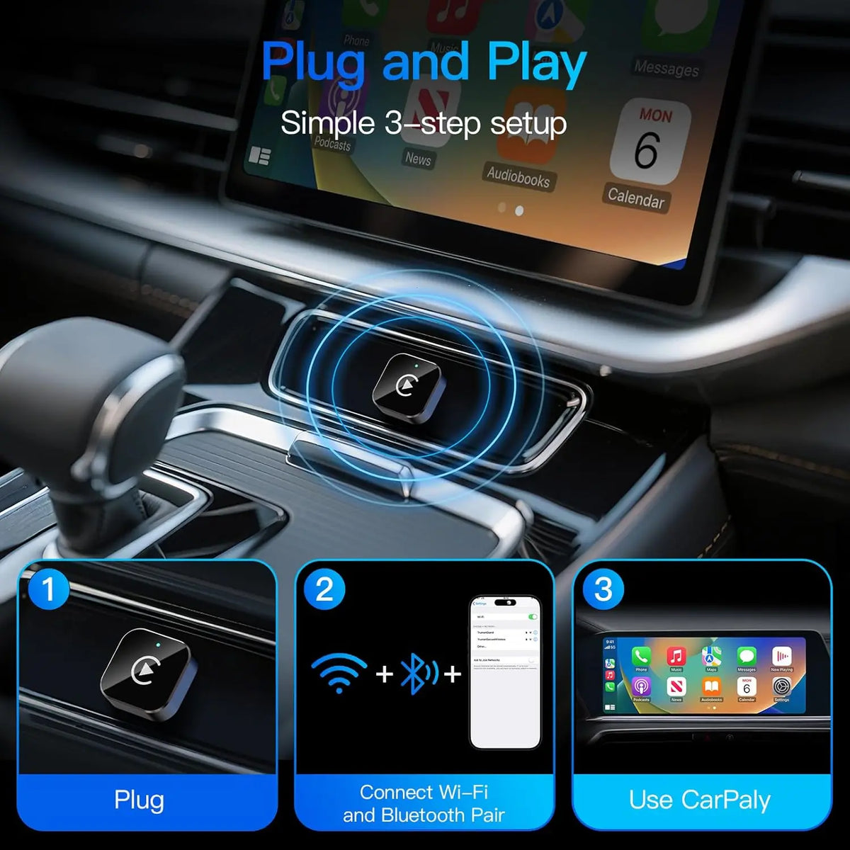 (Actualizado 2026) Adaptador Inalámbrico CarPlay para Apple iPhone y Android, Tamaño Pequeño, Conexión Inalámbrica Rápida y Estable, Plug and Play