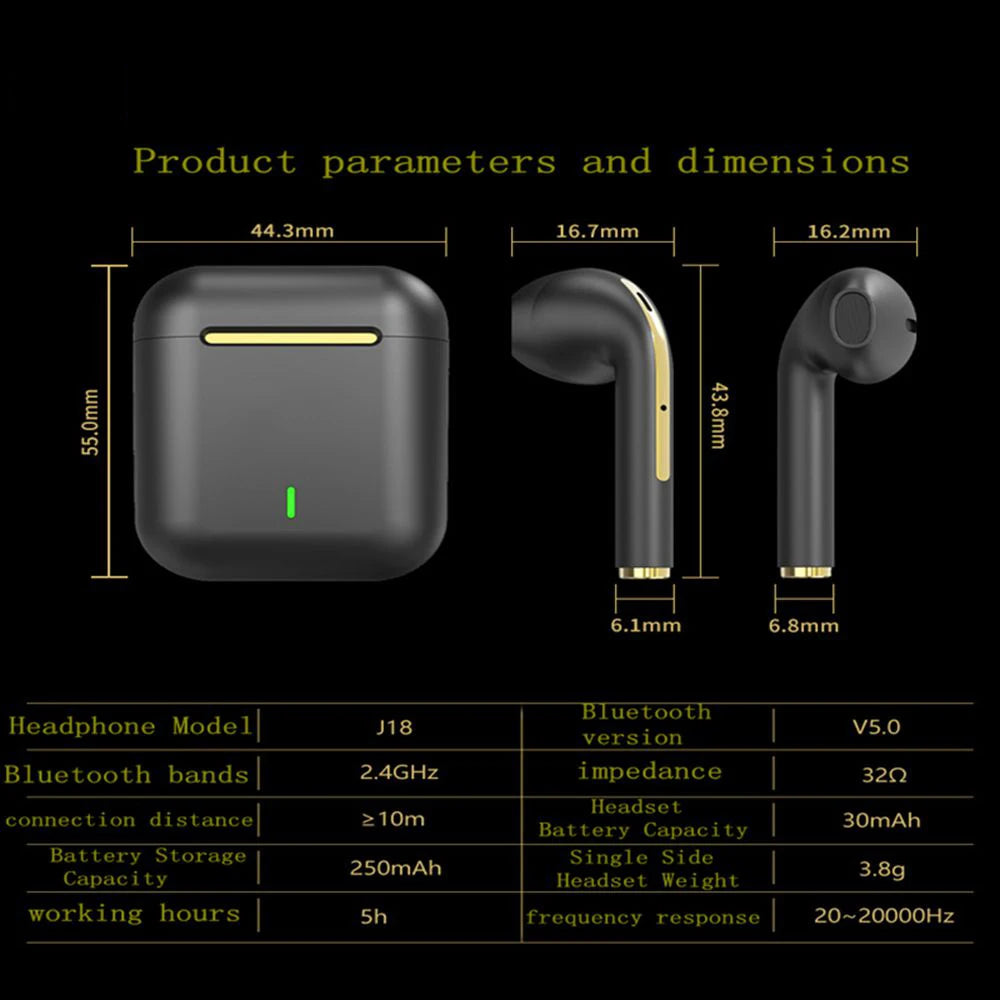 Auriculares inalámbricos J18 TWS, auriculares Bluetooth 5,3 de larga duración de reproducción, llamadas de voz con cancelación de ruido, para juegos, negocios y deportes