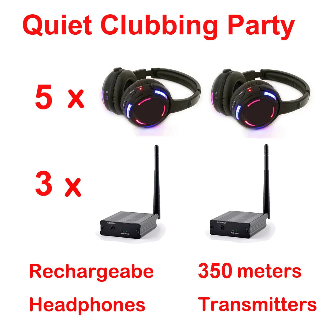 Auriculares de discoteca silenciosos UHF RF Auriculares inalámbricos para DJ 5 piezas y 1 transmisor de distancia de 500 m