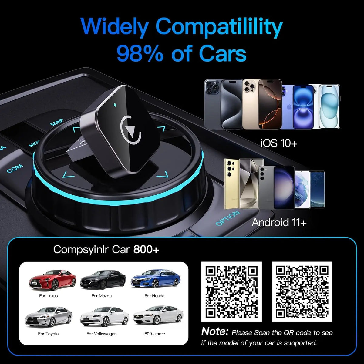 (Actualizado 2026) Adaptador Inalámbrico CarPlay para Apple iPhone y Android, Tamaño Pequeño, Conexión Inalámbrica Rápida y Estable, Plug and Play